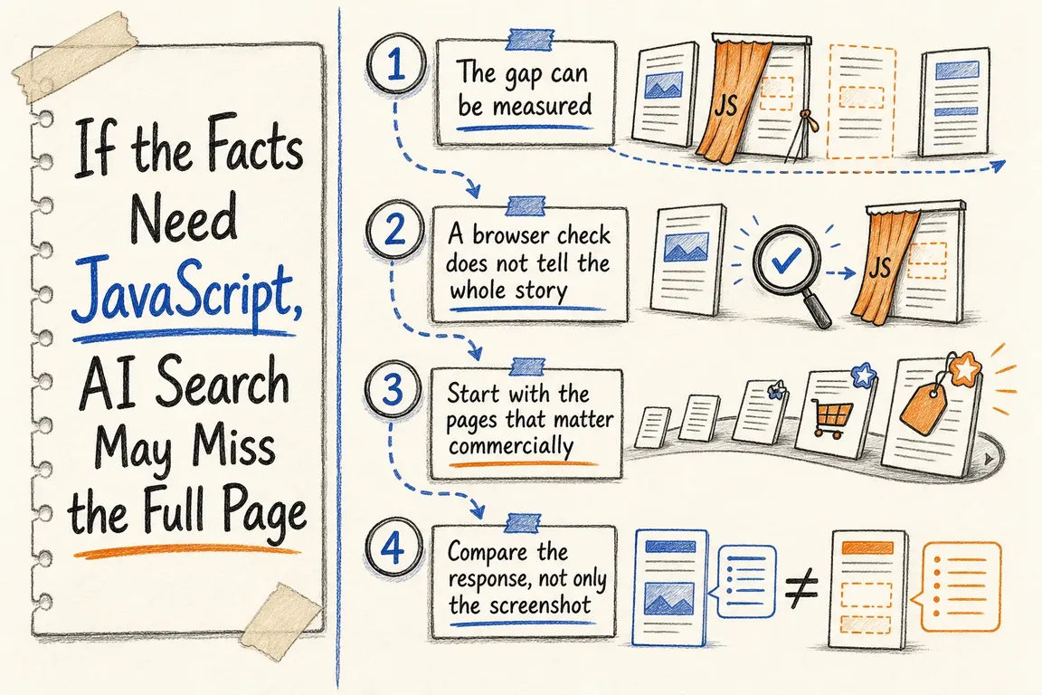 Illustrated infographic summarizing: If the Facts Need JavaScript, AI Search May Miss the Full Page