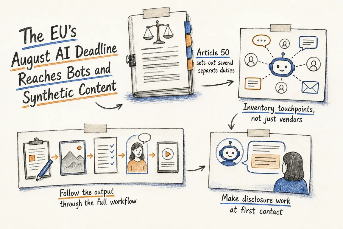 Illustrated infographic summarizing: The EU’s August AI Deadline Reaches Bots and Synthetic Content