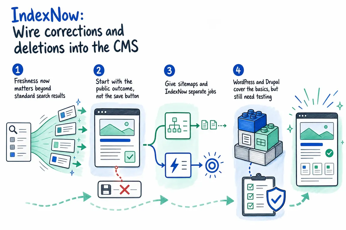 Illustrated infographic summarizing: IndexNow: Wire corrections and deletions into the CMS