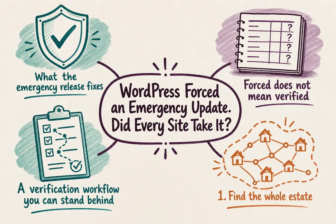 Illustrated infographic summarizing: WordPress Forced an Emergency Update. Did Every Site Take It?