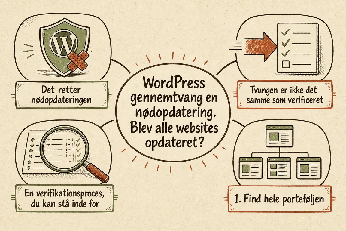Illustreret infografik, der opsummerer: WordPress gennemtvang en nødopdatering. Blev alle websites opdateret?