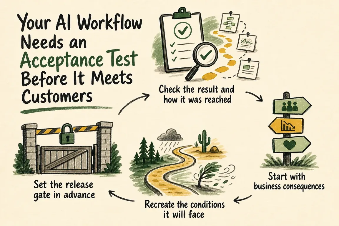 Illustrated infographic summarizing: Your AI Workflow Needs an Acceptance Test Before It Meets Customers