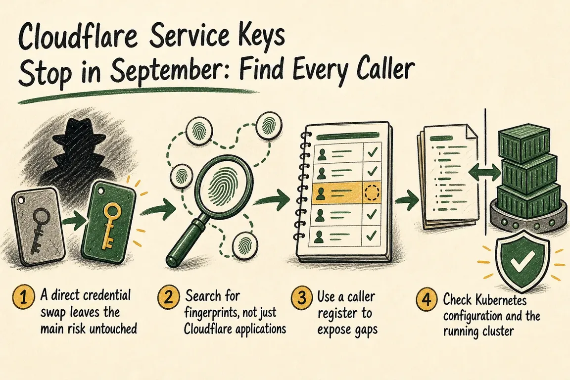 Illustrated infographic summarizing: Cloudflare Service Keys Stop in September: Find Every Caller