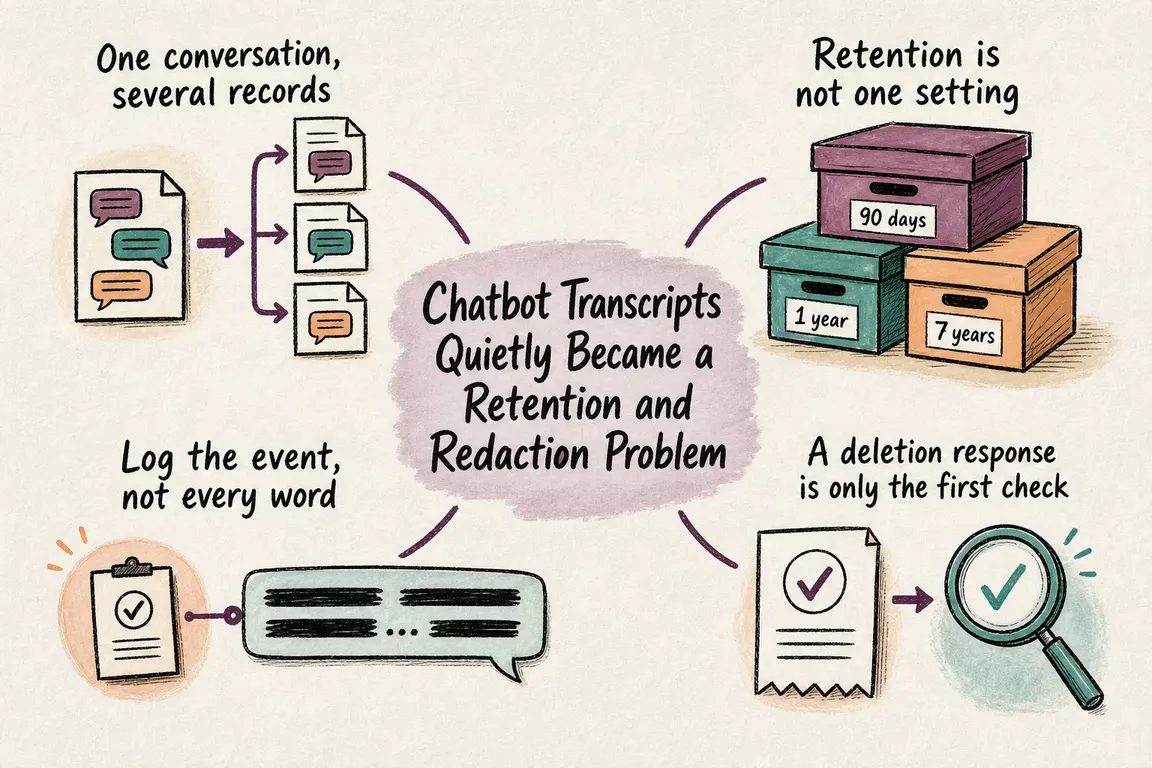 Illustrated infographic summarizing: Chatbot Transcripts Quietly Became a Retention and Redaction Problem