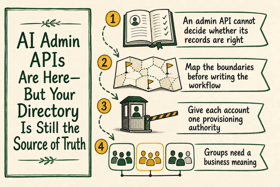 Illustrated infographic summarizing: AI Admin APIs Are Here—But Your Directory Is Still the Source of Truth