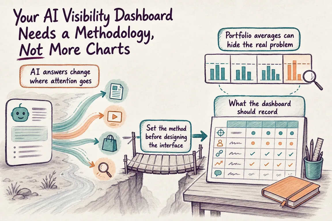 Illustrated infographic summarizing: Your AI Visibility Dashboard Needs a Methodology, Not More Charts