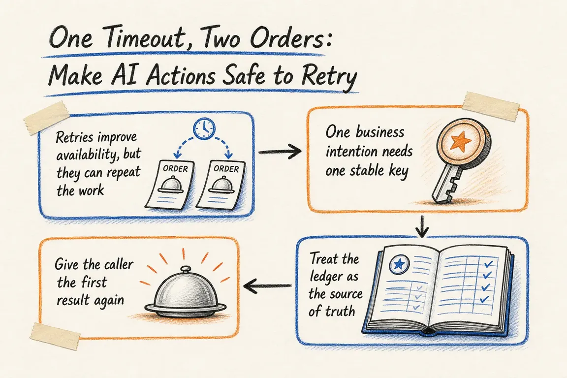 Illustrated infographic summarizing: One Timeout, Two Orders: Make AI Actions Safe to Retry
