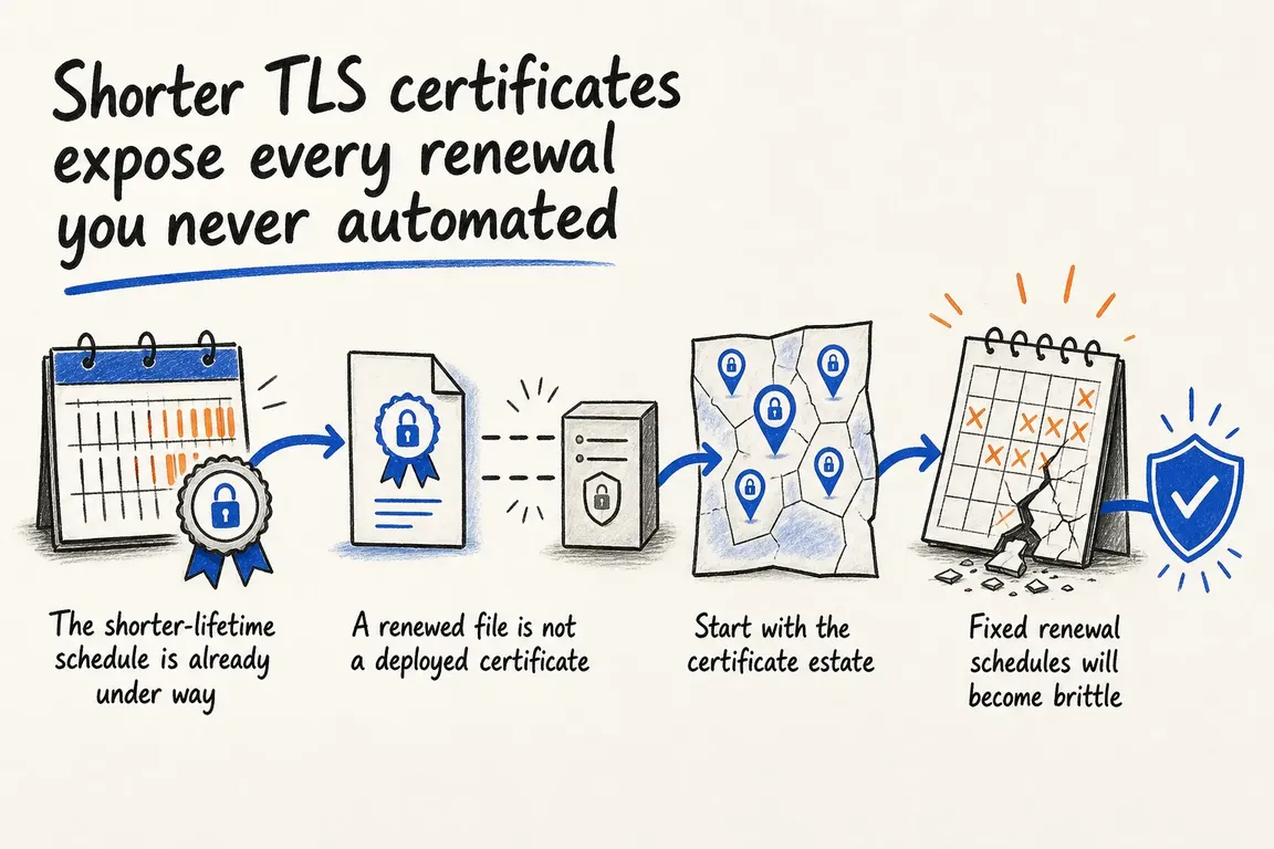 Illustrated infographic summarizing: Shorter TLS certificates expose every renewal you never automated