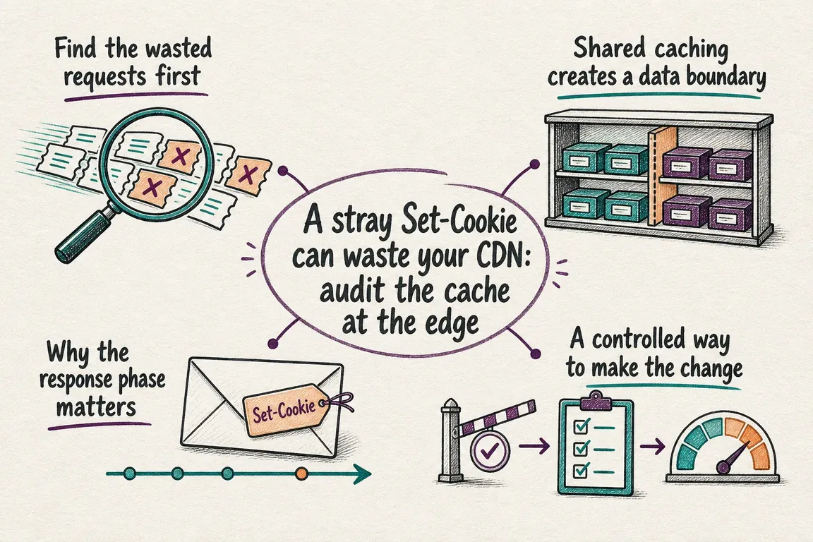 Illustrated infographic summarizing: A stray Set-Cookie can waste your CDN: audit the cache at the edge