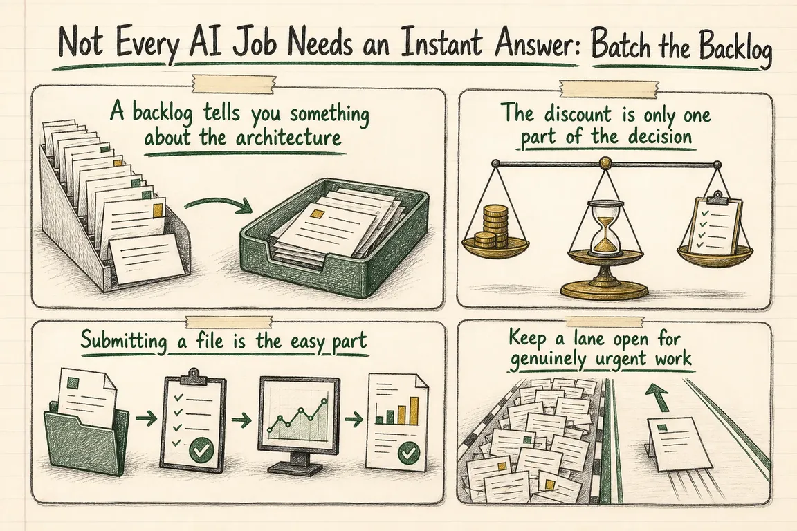 Illustrated infographic summarizing: Not Every AI Job Needs an Instant Answer: Batch the Backlog