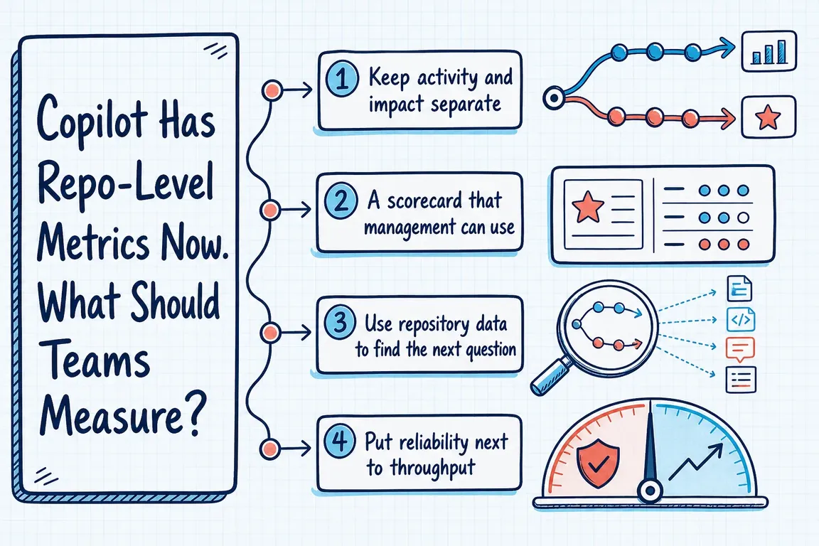 Illustrated infographic summarizing: Copilot Has Repo-Level Metrics Now. What Should Teams Measure?