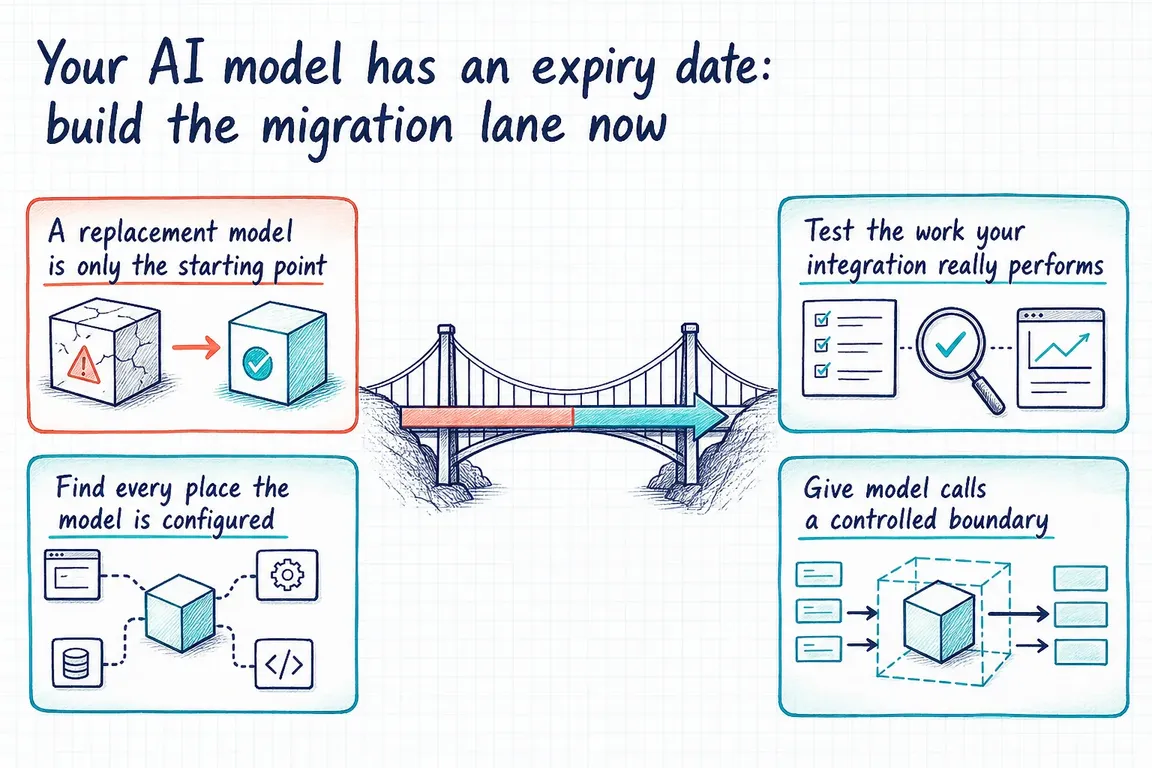 Illustrated infographic summarizing: Your AI model has an expiry date: build the migration lane now