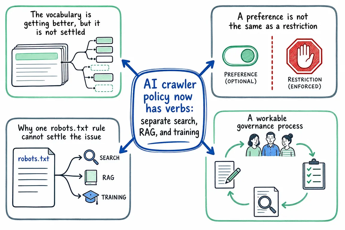 Illustrated infographic summarizing: AI crawler policy now has verbs: separate search, RAG, and training