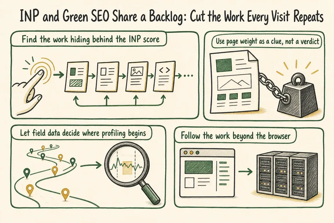Illustrated infographic summarizing: INP and Green SEO Share a Backlog: Cut the Work Every Visit Repeats