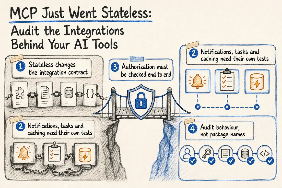 Illustrated infographic summarizing: MCP Just Went Stateless: Audit the Integrations Behind Your AI Tools