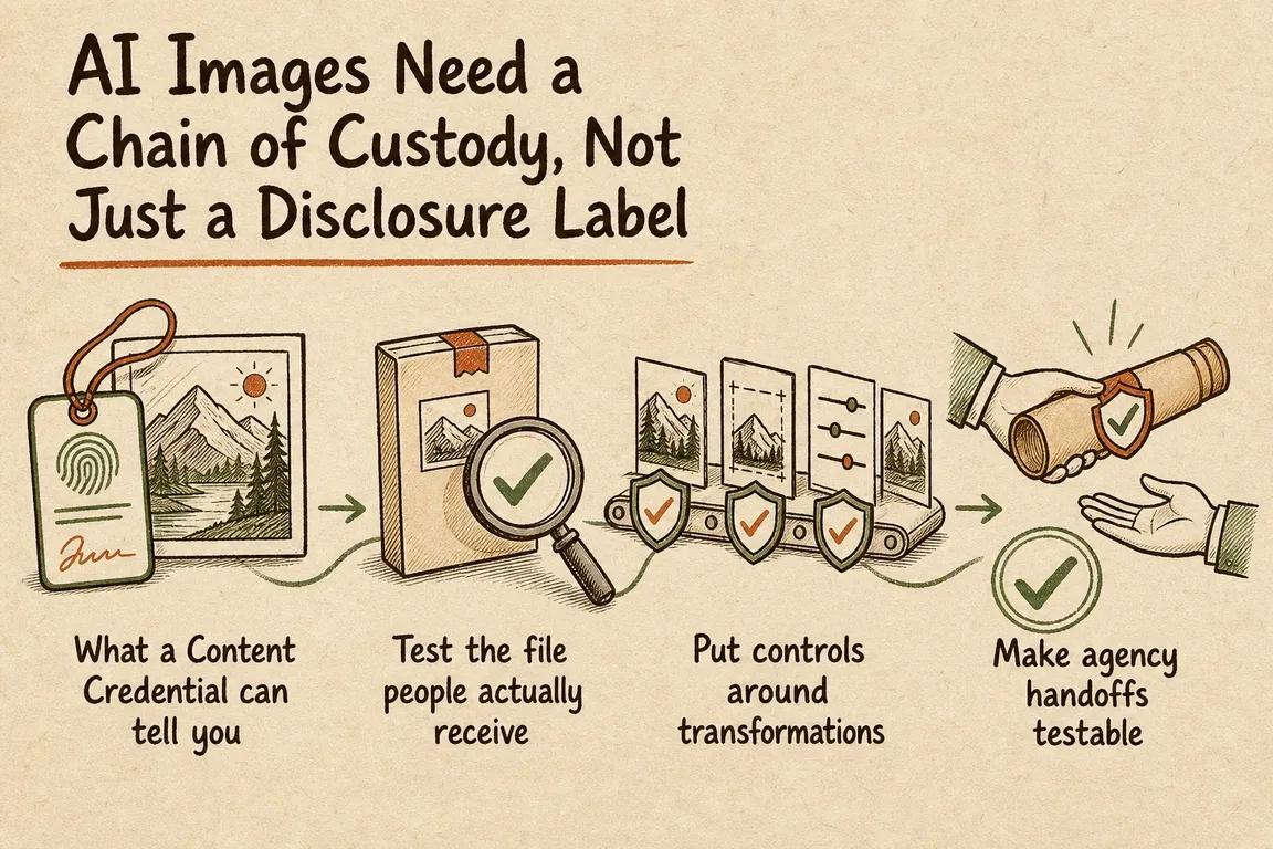 Illustrated infographic summarizing: AI Images Need a Chain of Custody, Not Just a Disclosure Label