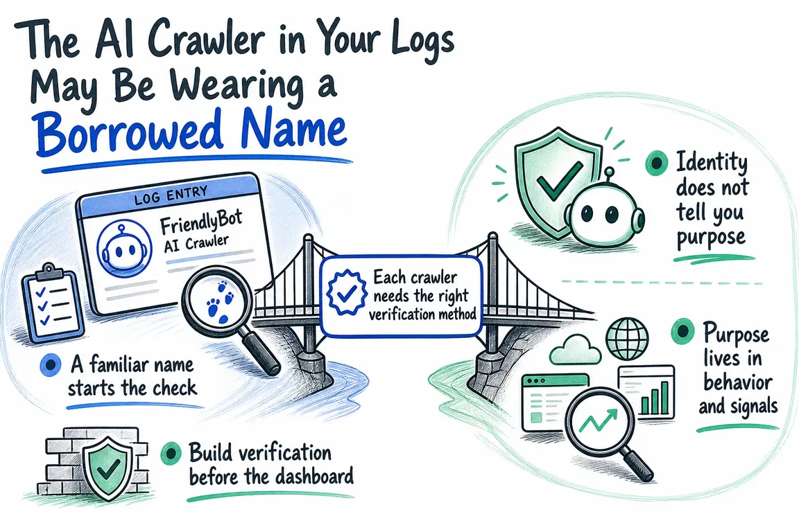 Illustrated infographic summarizing: The AI Crawler in Your Logs May Be Wearing a Borrowed Name