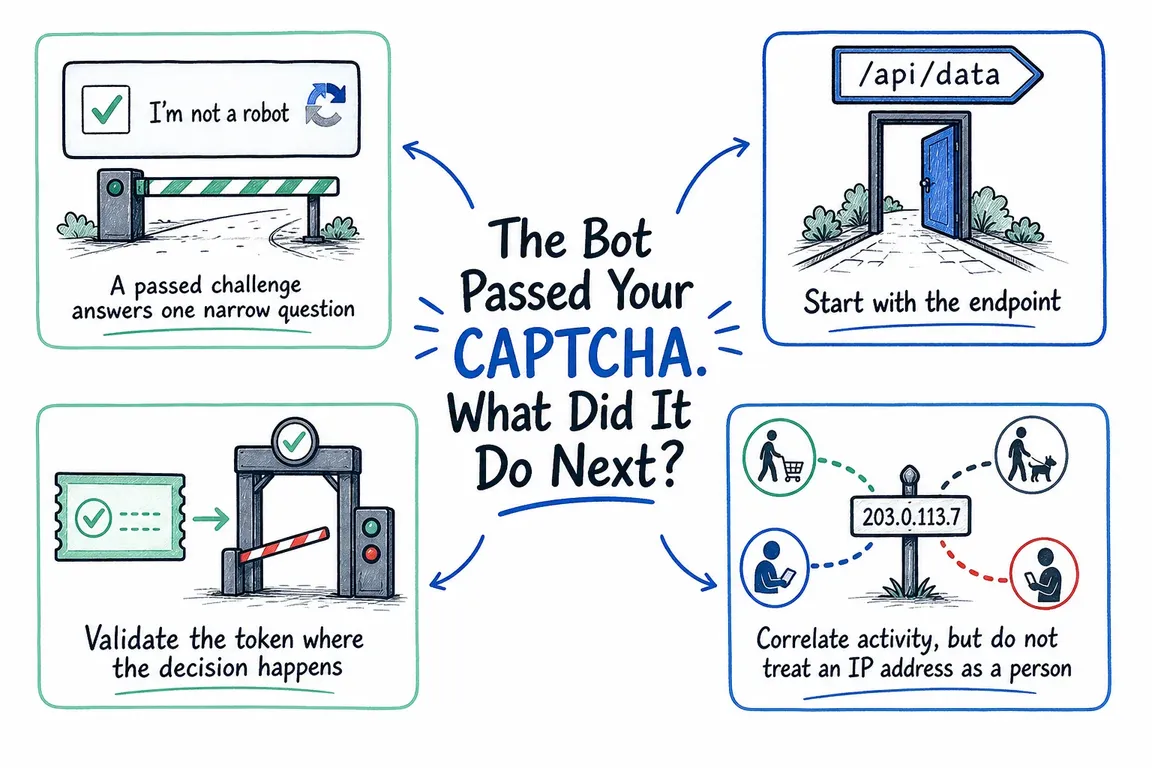 Illustrated infographic summarizing: The Bot Passed Your CAPTCHA. What Did It Do Next?