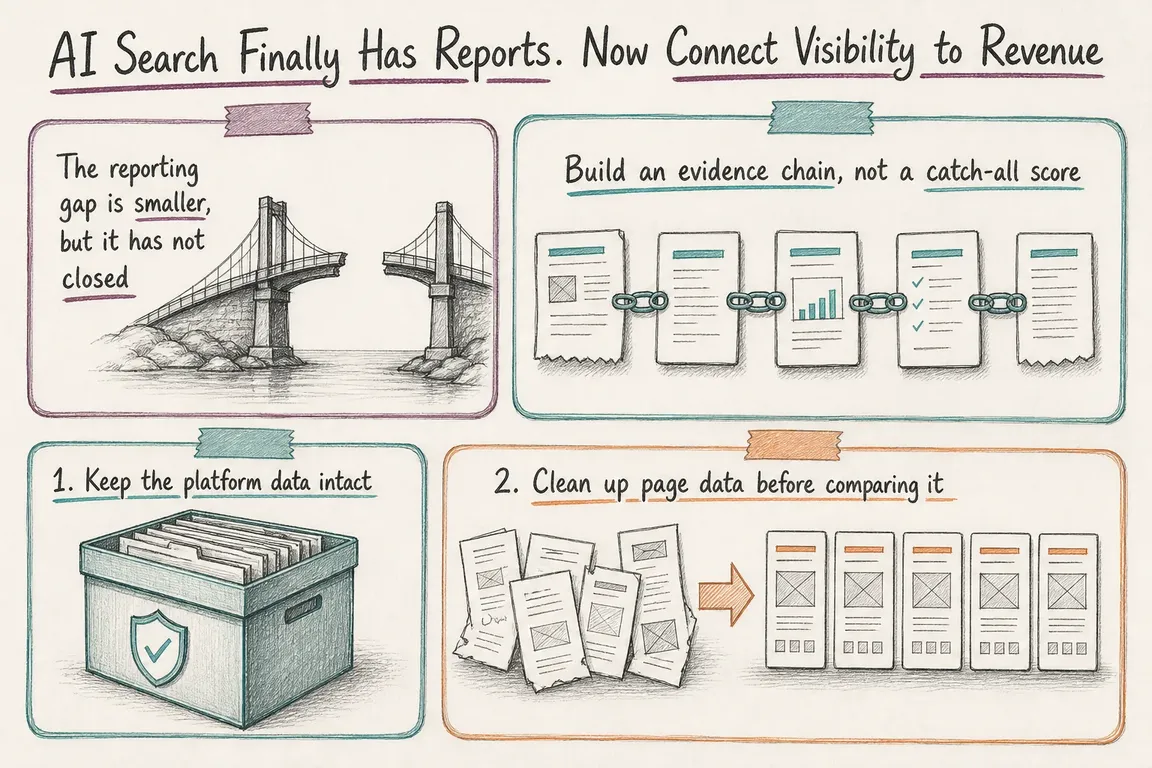 Illustrated infographic summarizing: AI Search Finally Has Reports. Now Connect Visibility to Revenue