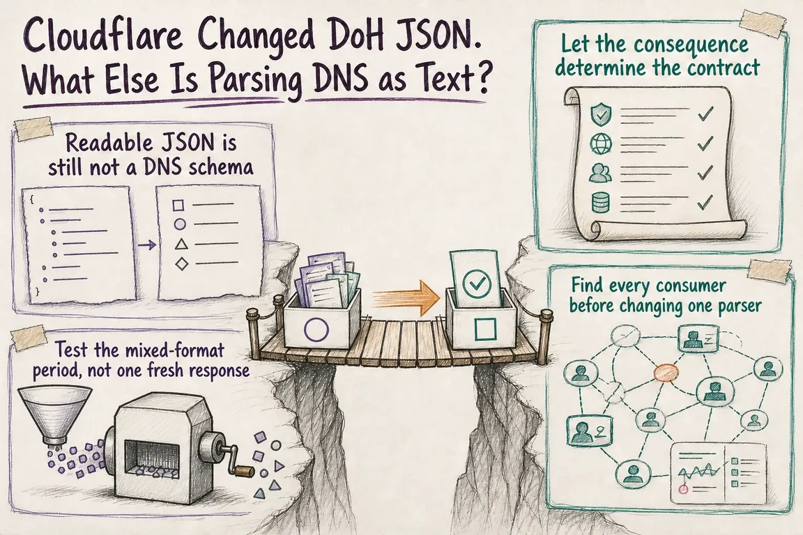 Illustrated infographic summarizing: Cloudflare Changed DoH JSON. What Else Is Parsing DNS as Text?