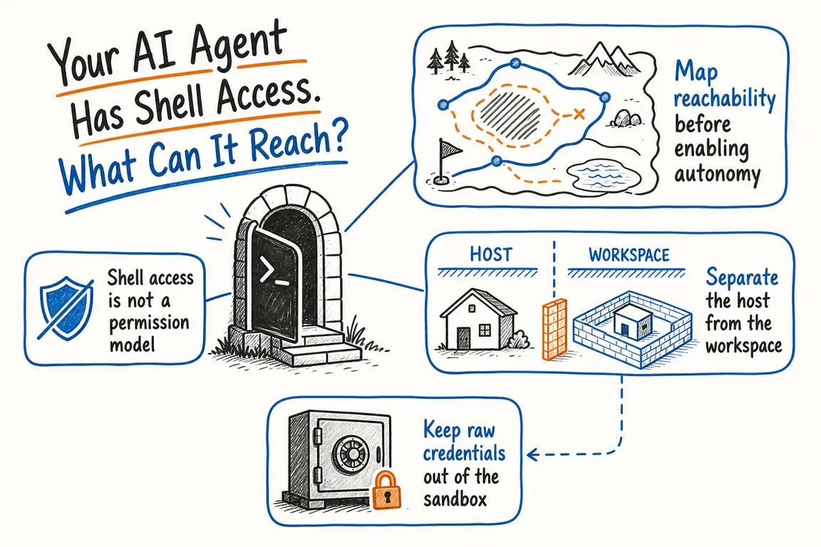Illustrated infographic summarizing: Your AI Agent Has Shell Access. What Can It Reach?