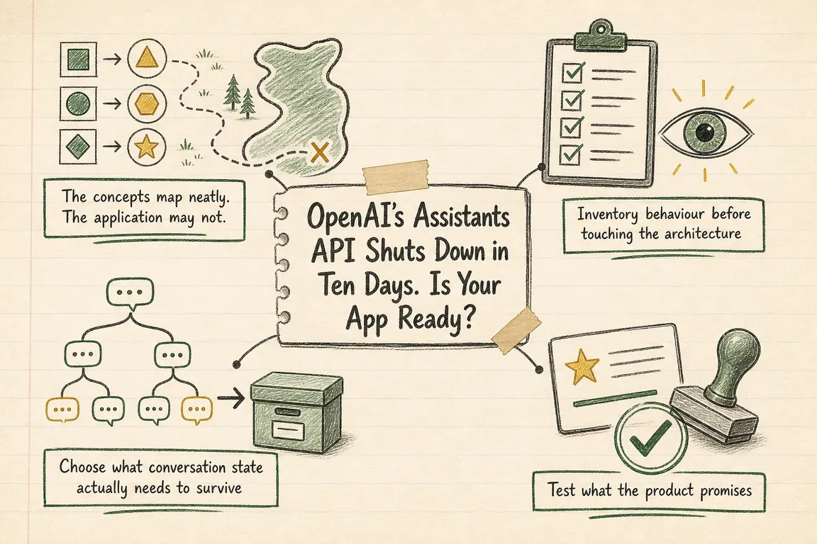 Illustrated infographic summarizing: OpenAI’s Assistants API Shuts Down in Ten Days. Is Your App Ready?