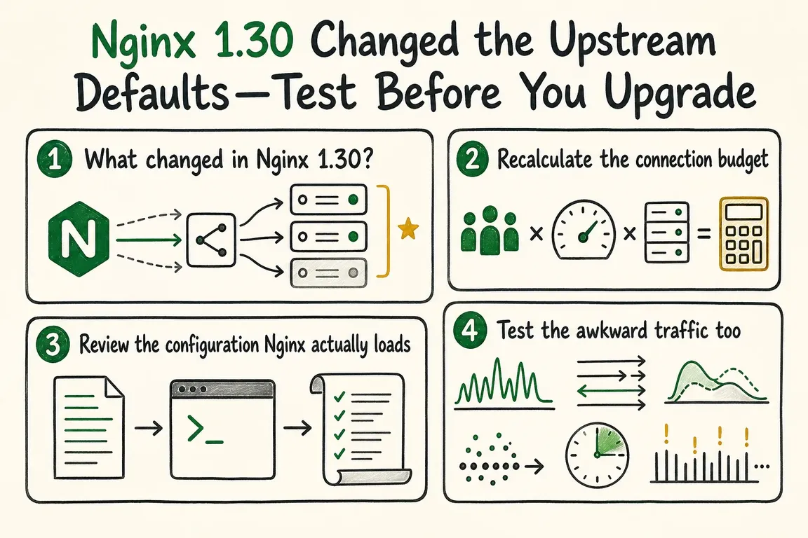 Illustrated infographic summarizing: Nginx 1.30 Changed the Upstream Defaults—Test Before You Upgrade