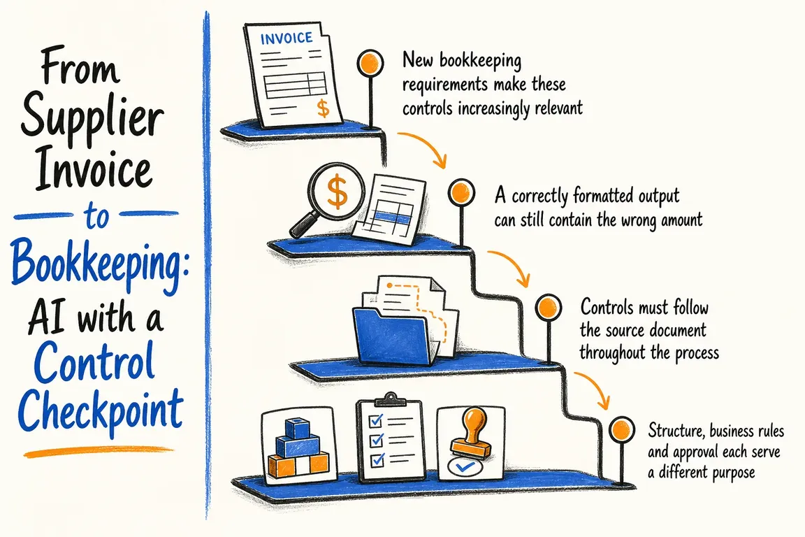 Illustrated infographic summarizing: From Supplier Invoice to Bookkeeping: AI with a Control Checkpoint