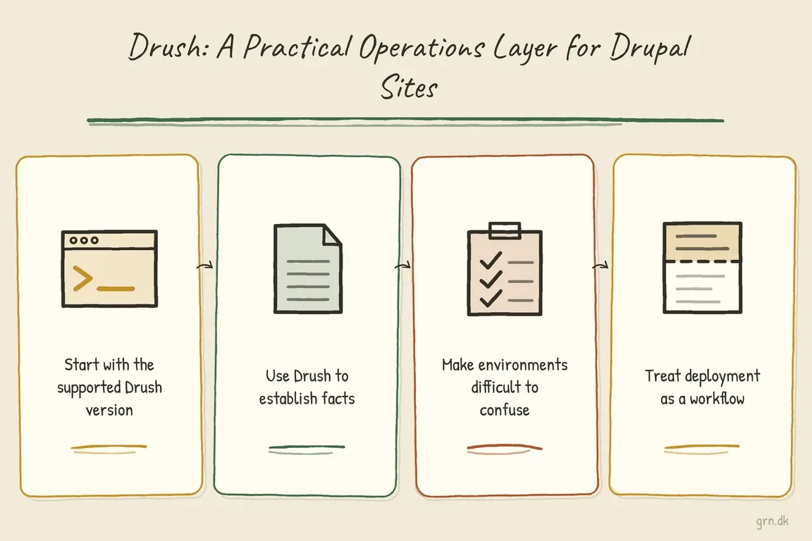 Illustrated infographic summarizing: Drush: A Practical Operations Layer for Drupal Sites