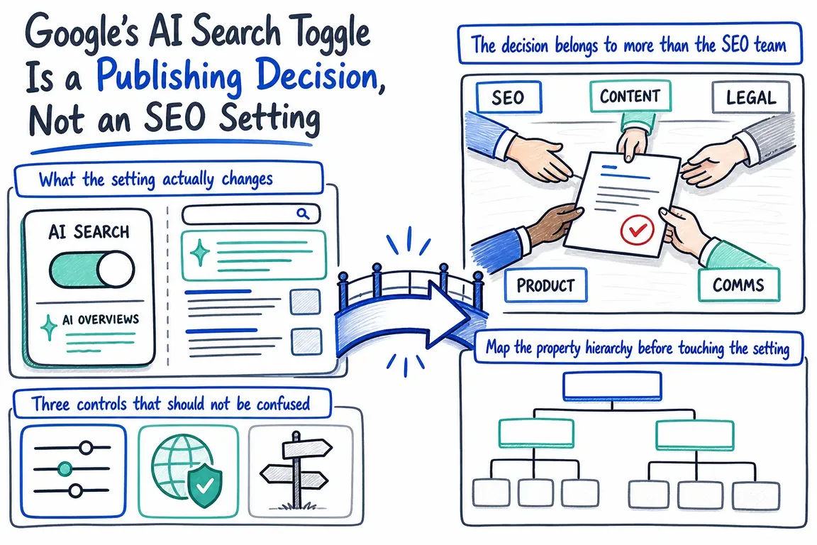 Illustrated infographic summarizing: Google’s AI Search Toggle Is a Publishing Decision, Not an SEO Setting