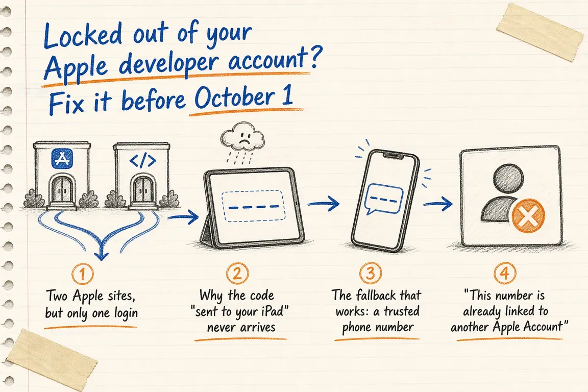 Illustrated infographic summarizing: Locked out of your Apple developer account? Fix it before October 1
