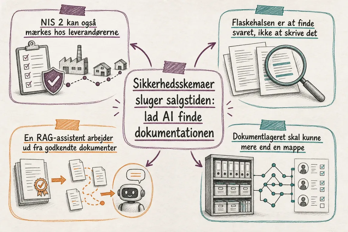 Illustreret infografik, der opsummerer: Sikkerhedsskemaer sluger salgstiden: lad AI finde dokumentationen