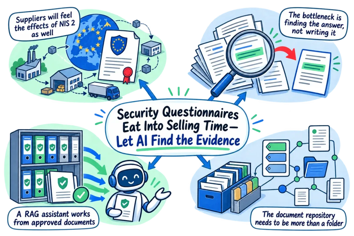 Illustrated infographic summarizing: Security Questionnaires Eat Into Selling Time—Let AI Find the Evidence