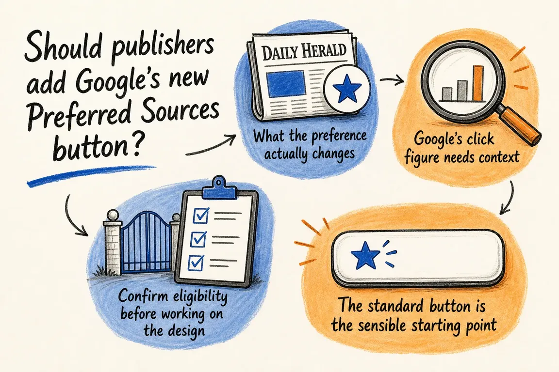 Illustrated infographic summarizing: Should publishers add Google’s new Preferred Sources button?