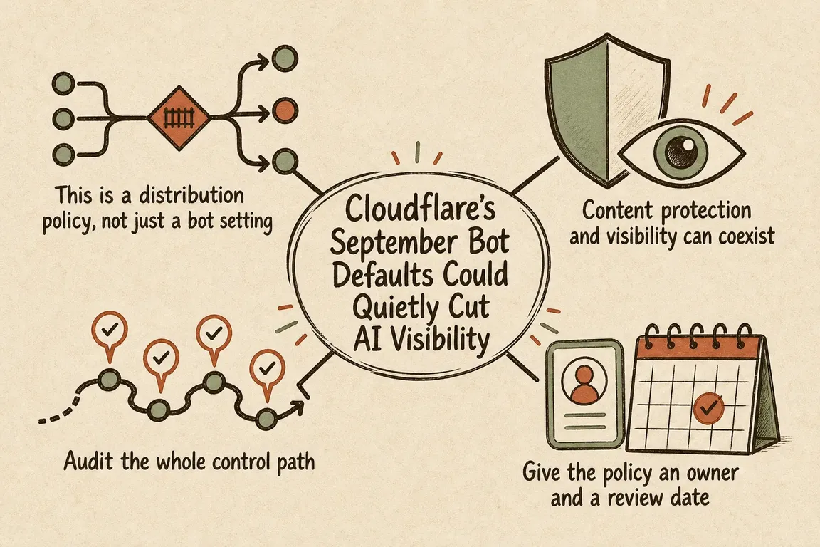 Illustrated infographic summarizing: Cloudflare’s September Bot Defaults Could Quietly Cut AI Visibility