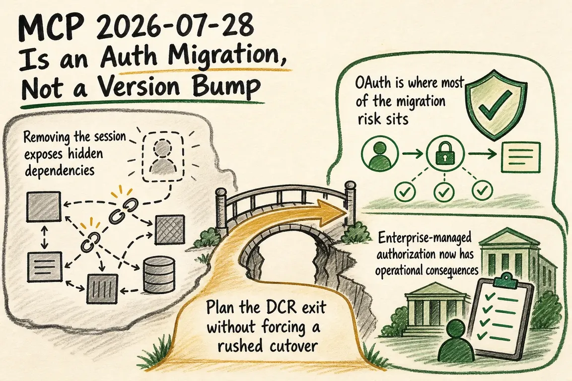 Illustrated infographic summarizing: MCP 2026-07-28 Is an Auth Migration, Not a Version Bump