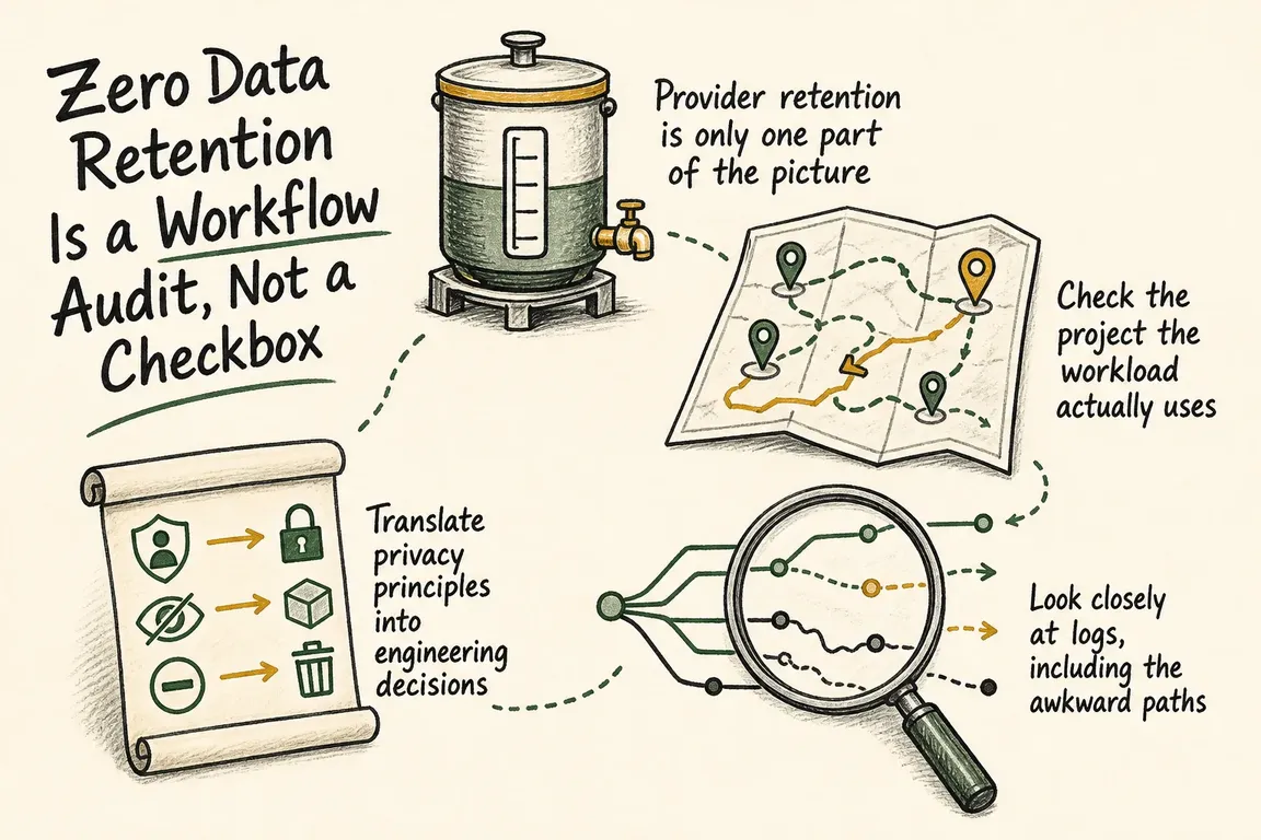 Illustrated infographic summarizing: Zero Data Retention Is a Workflow Audit, Not a Checkbox