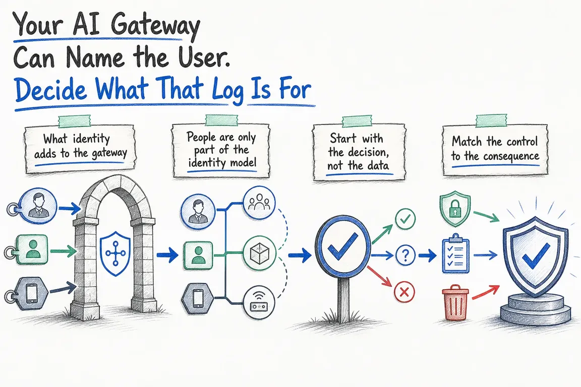 Illustrated infographic summarizing: Your AI Gateway Can Name the User. Decide What That Log Is For