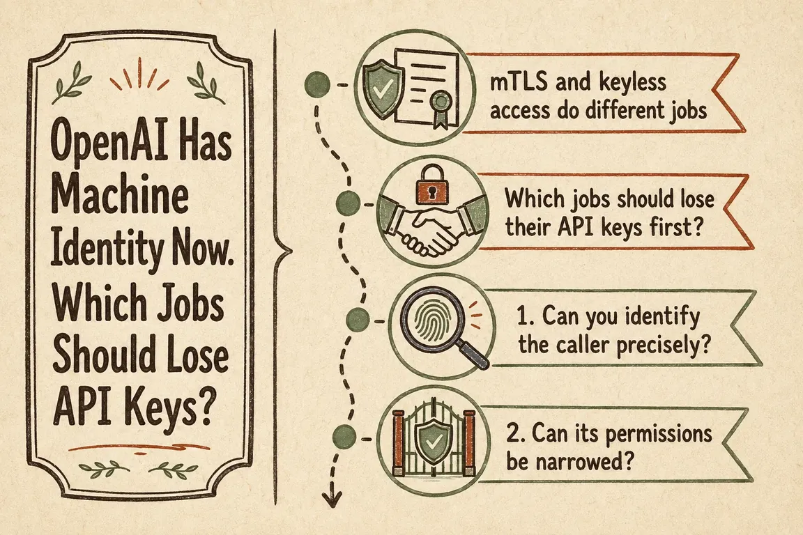 Illustrated infographic summarizing: OpenAI Has Machine Identity Now. Which Jobs Should Lose API Keys?