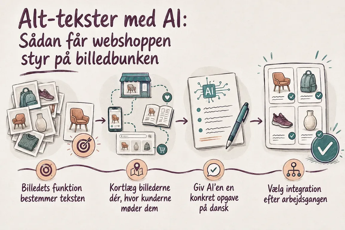 Illustreret infografik, der opsummerer: Alt-tekster med AI: Sådan får webshoppen styr på billedbunken