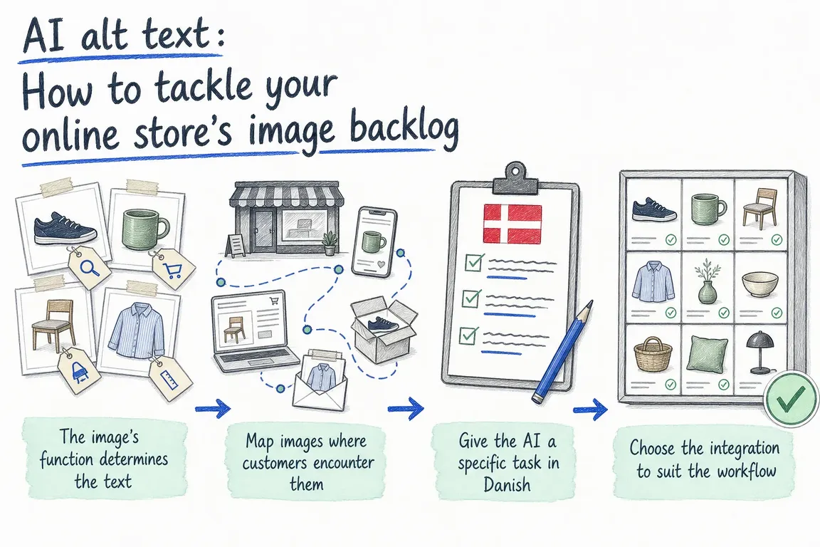 Illustrated infographic summarizing: AI alt text: How to tackle your online store’s image backlog