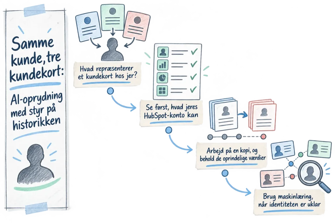 Illustreret infografik, der opsummerer: Samme kunde, tre kundekort: AI-oprydning med styr på historikken