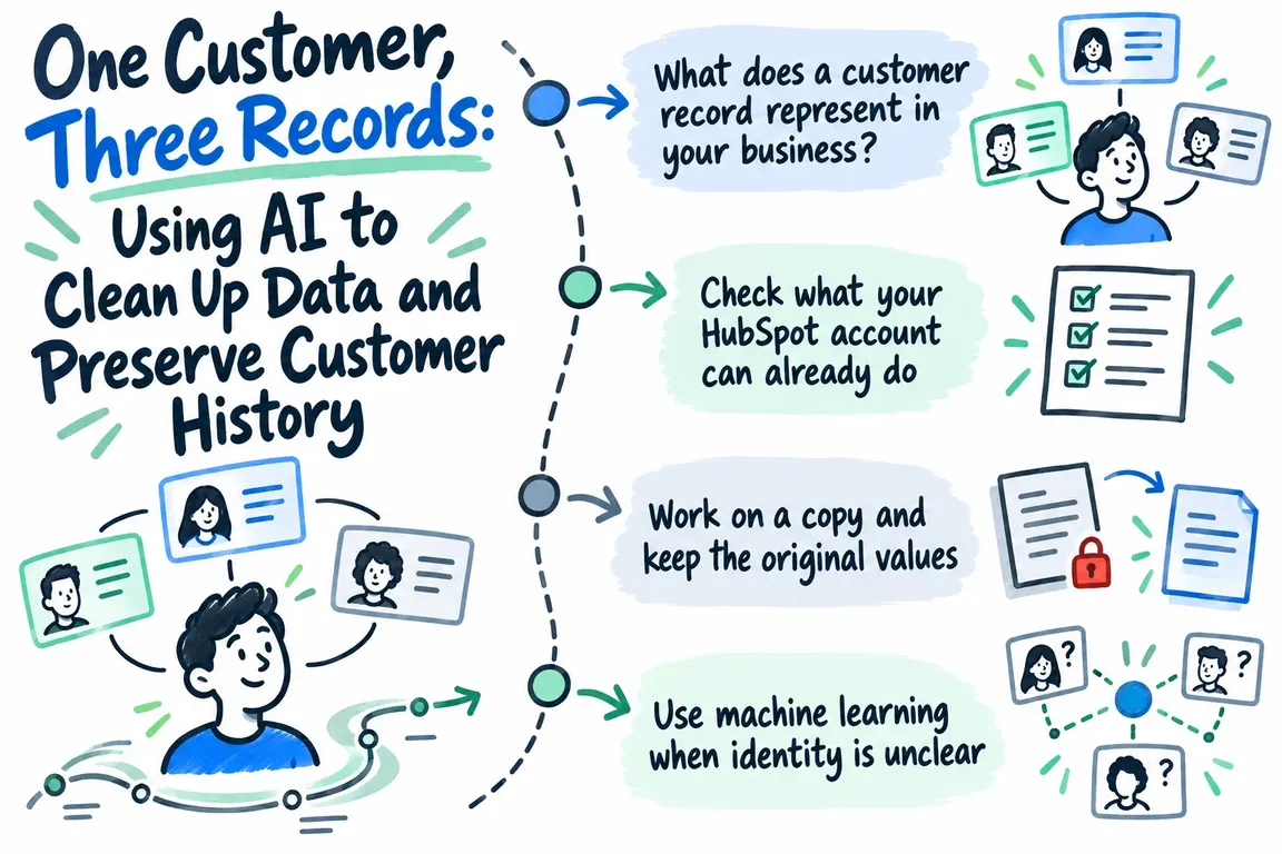 Illustrated infographic summarizing: One Customer, Three Records: Using AI to Clean Up Data and Preserve Customer History