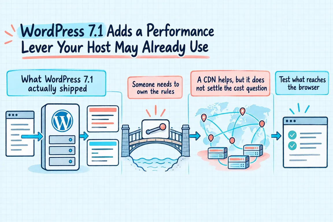 Illustrated infographic summarizing: WordPress 7.1 Adds a Performance Lever Your Host May Already Use