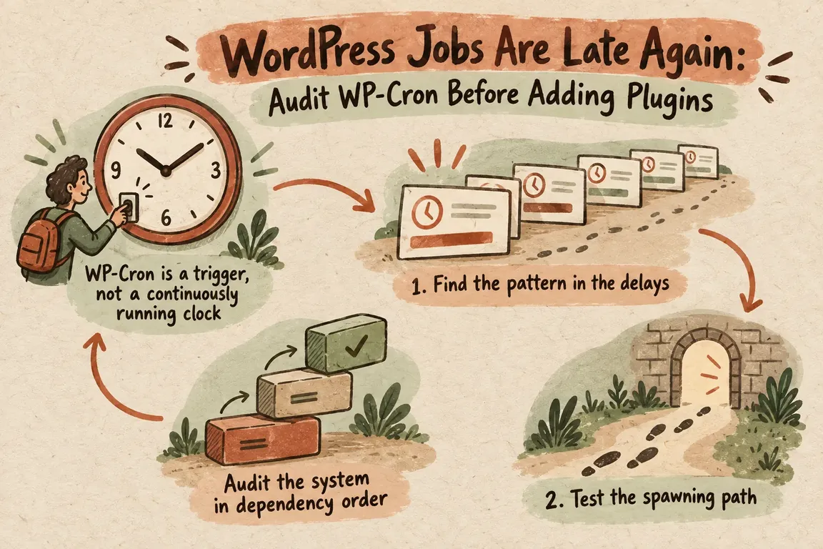 Illustrated infographic summarizing: WordPress Jobs Are Late Again: Audit WP-Cron Before Adding Plugins