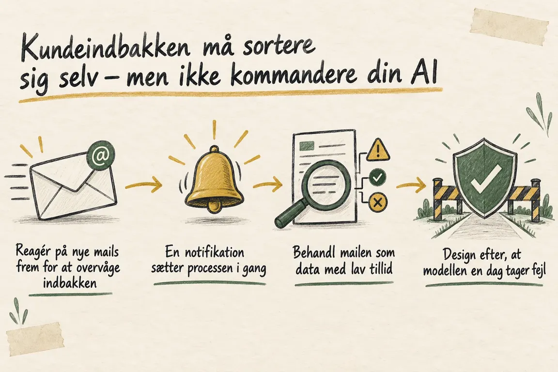 Illustreret infografik, der opsummerer: Kundeindbakken må sortere sig selv – men ikke kommandere din AI