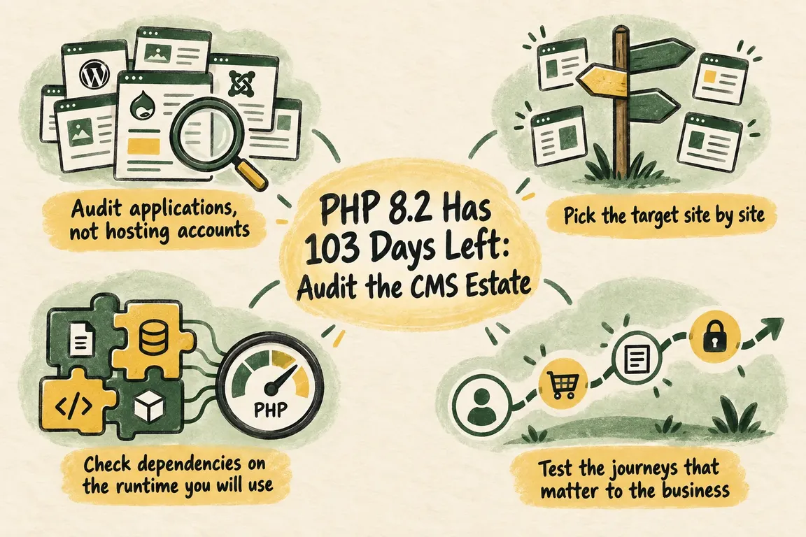 Illustrated infographic summarizing: PHP 8.2 Has 103 Days Left: Audit the CMS Estate