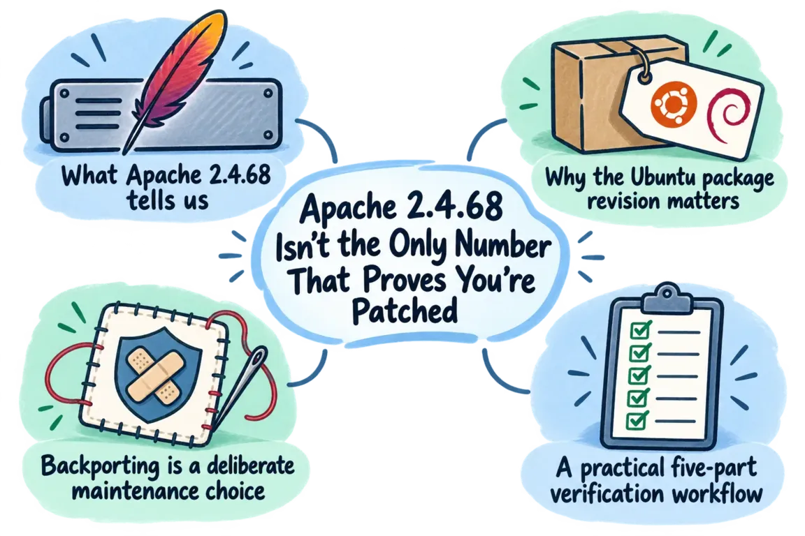 Illustrated infographic summarizing: Apache 2.4.68 Isn’t the Only Number That Proves You’re Patched