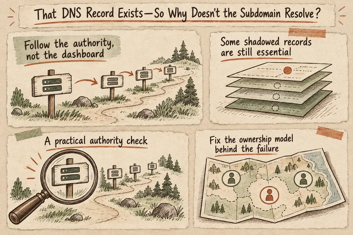 Illustrated infographic summarizing: That DNS Record Exists—So Why Doesn’t the Subdomain Resolve?