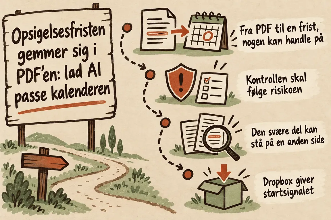 Illustreret infografik, der opsummerer: Opsigelsesfristen gemmer sig i PDF’en: lad AI passe kalenderen
